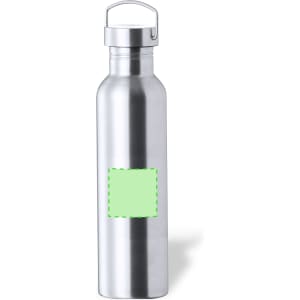 A drink bottle in stainless steel with a silver finish and a blank rectangular area for branding.