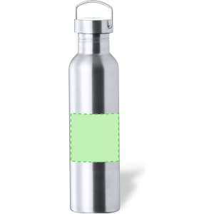 A drink bottle made of stainless steel featuring a green label area. It has a sturdy cap and a sleek design.