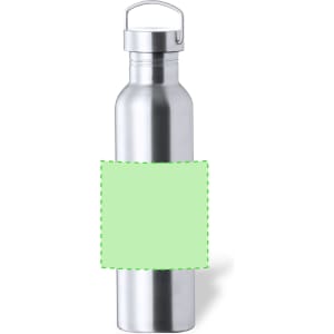 A drink bottle with a sleek silver finish and a detachable lid, featuring a blank area for personalisation.