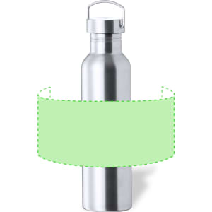 A drink bottle with a silver, stainless steel finish and a screw-top lid. It features a logo on the front.