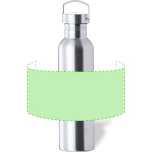 A drink bottle in shiny stainless steel with a metal cap and a light green label area.