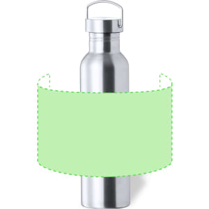A drink bottle made of stainless steel with a silver finish and a green label, featuring a metal lid and handle.