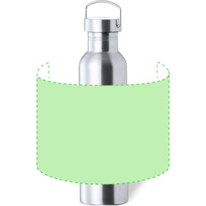 A drink bottle in stainless steel with a silver finish and a green label design. It features a screw-top lid.