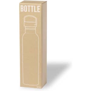 A drink bottle in a cardboard packaging, featuring a simple outline design and a screw-on cap.