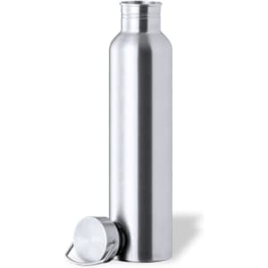 A drink bottle in stainless steel with a rounded base and a screw-on cap. It has a simple, sleek design.