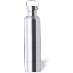 A drink bottle in shiny silver, featuring a screw-top lid and a loop handle. It has a simple, sleek design and a logo.