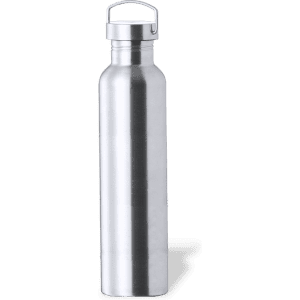 A drink bottle made of shiny stainless steel with a screw cap and a silver finish. It features a simple design.