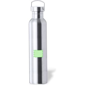 A drink bottle in a sleek silver finish, featuring a carrying handle and a branding logo.