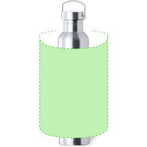 A drink bottle with a stainless steel body and a light green sleeve. It features a cap with a handle and a logo.