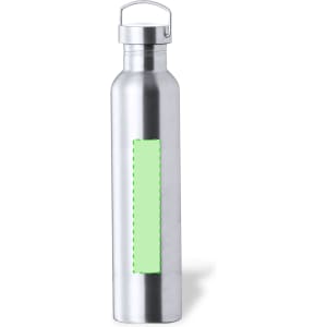 A drink bottle in a sleek silver finish with a green rectangular section and a secure cap.