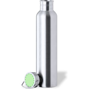 A drink bottle made of stainless steel with a silver finish and a green cap, featuring a logo.