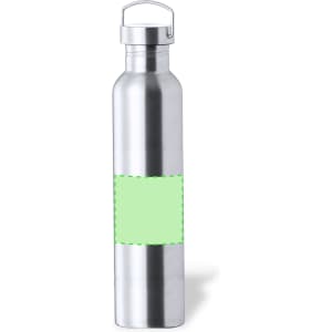 A drink bottle made of stainless steel featuring a green label. It has a secure cap and sleek design.