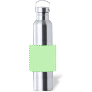 A drink bottle with a sleek stainless steel design, featuring a removable label area and a metal lid.