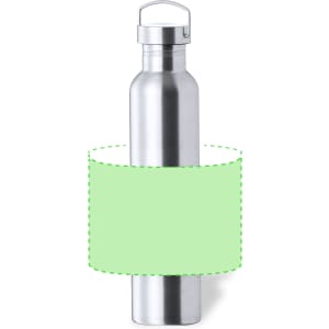 A drink bottle with a sleek silver finish and a metal cap, featuring a blank space for branding.