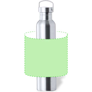 A drink bottle with a metallic silver finish and a green label area, featuring a secure lid and a logo.