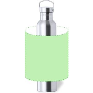 A drink bottle made of stainless steel with a silver finish and a green wrap design. It features a metal cap and handle.