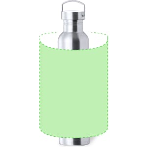 A drink bottle with a silver finish and a green label area, featuring a cap and handle.