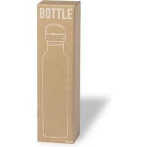 A drink bottle in a cardboard box, featuring a minimalist design with an outlined bottle and a cap.
