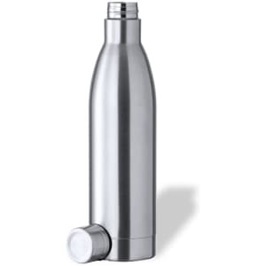 A drink bottle in stainless steel with a sleek design and a screw-on lid. The bottle features a small cap.