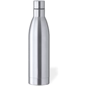 A drink bottle in a sleek stainless steel finish, featuring a minimal design and a branding logo.