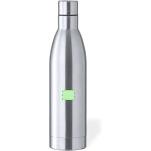 A drink bottle with a sleek stainless steel design and a circular base. It features a logo on the front.