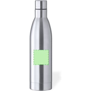A drink bottle with a sleek stainless steel design and a blank area for customisation.
