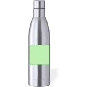 A drink bottle in stainless steel with a green label area for customisation. It features a sleek design and a logo.