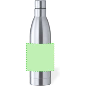 A drink bottle in stainless steel with a sleek design and a blank area for custom branding or logos.