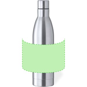 A drink bottle in a sleek stainless steel finish, featuring a cylindrical design and a branding area.