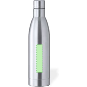 A drink bottle in stainless steel with a sleek design and a green rectangular section. It features a logo.