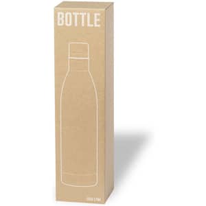 A drink bottle in a cardboard box, featuring a sleek design and a single logo. The bottle has a metallic finish.