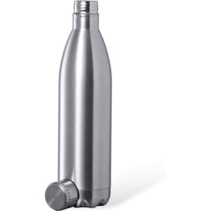 A drink bottle in a sleek silver finish with a rounded base and a screw-on lid, featuring a logo.