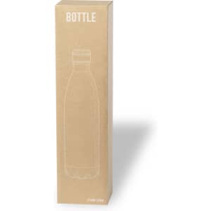A drink bottle in a cardboard box, featuring a minimalist design and a sleek, understated shape.
