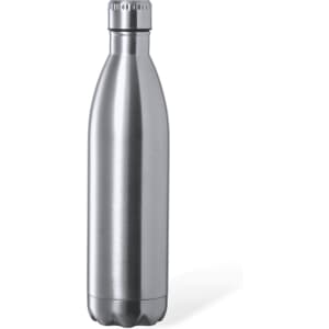 A drink bottle in stainless steel with a sleek, modern design and a silver finish. It features a screw-top lid and a logo.