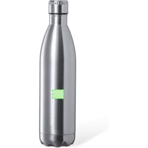 A drink bottle with a sleek stainless steel design, featuring a logo and a metallic finish.