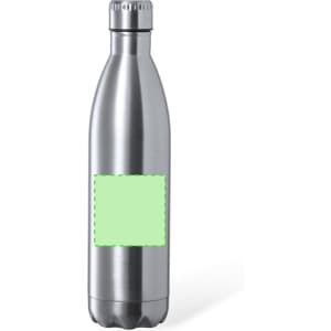 A stainless steel drink bottle with a sleek design and a blank section for custom branding.
