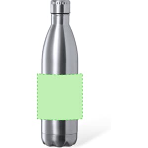 A drink bottle in sleek silver stainless steel featuring a blank area for customisation.