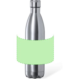 A drink bottle made of stainless steel, featuring a sleek silver design and a brand logo.