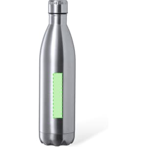 A drink bottle with a sleek stainless steel design and a green panel, featuring a logo on the surface.