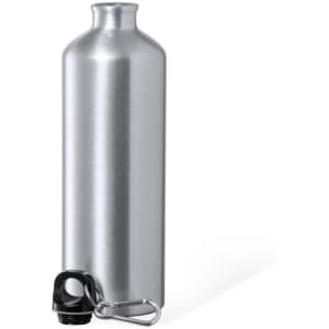 A drink bottle in silver metal with a black cap and a carabiner attachment. It has a sleek, cylindrical design.
