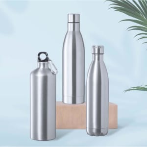 A drink bottle set featuring three stainless steel bottles of various shapes and sizes, presented on a light background.