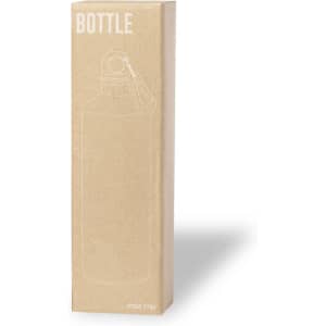 A drink bottle in a brown cardboard box with a clip. The bottle has a simple design and features a branding logo.