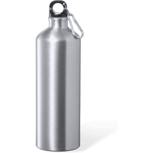 A drink bottle in a sleek silver finish with a looped cap and a carabiner attachment.