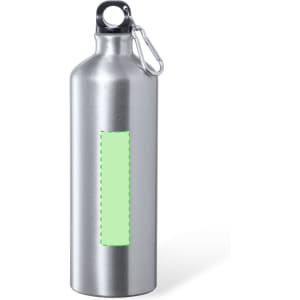 A drink bottle in silver stainless steel with a green label area and a carabiner attachment.