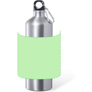 A drink bottle in silver with a green label area and a black cap. The bottle features a metal clip for attachment.