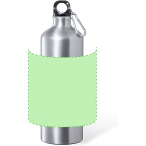 A drink bottle in metallic silver with a green label, featuring a sturdy attachment ring.