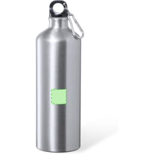 A drink bottle in silver metal featuring a carabiner and a blank area for branding.