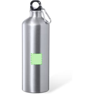 A drink bottle in silver aluminium, featuring a carabiner and a blank area for custom branding.