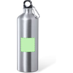 A drink bottle in polished silver with a black carrying loop and a green label area.