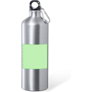 A drink bottle made of shiny silver stainless steel, featuring a blank area for custom designs. It includes a carabiner clip.